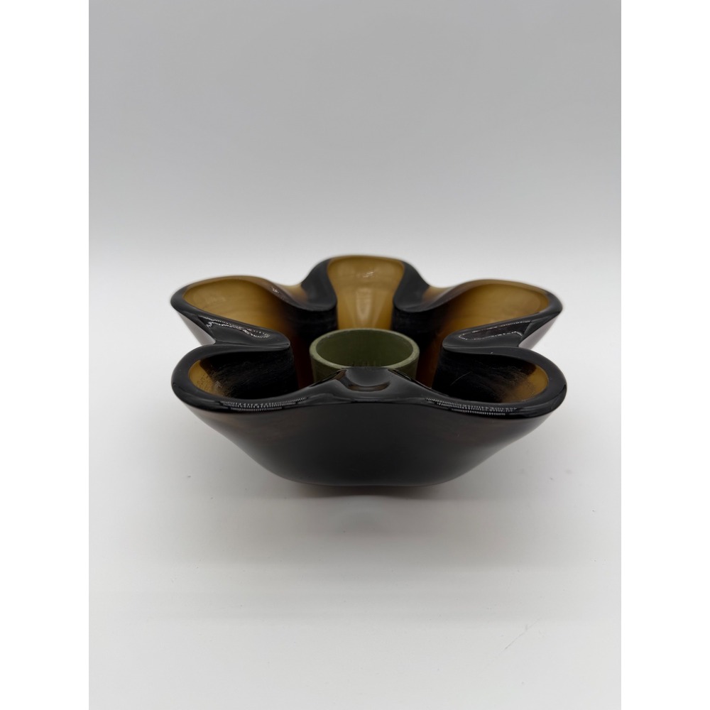 Vintage Amber Smoky Brown Art Glass Flower Frog Bowl Mid Century Star Petal 7in